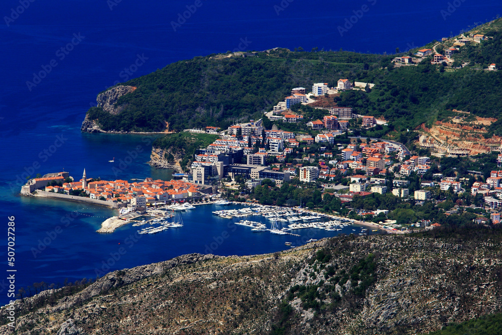 Montenegro Budva city from aerial view