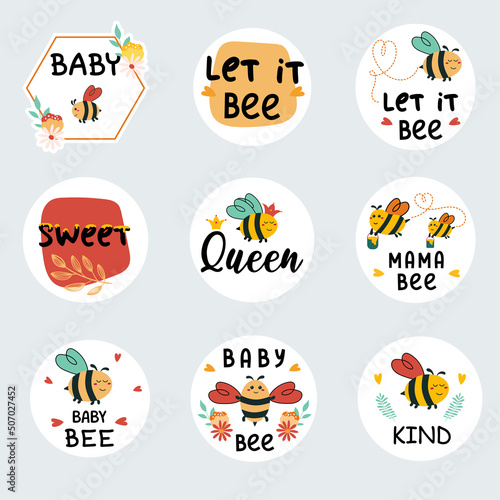 Printable sticker pack with bee for newborn. Cute Bees for birthday party. Honeybee with flowers for Baby shower. Bumblebee is flying, newborn invitation. Text with funny Bumble.