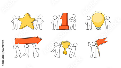 Sketch of working little people with victory symbols.