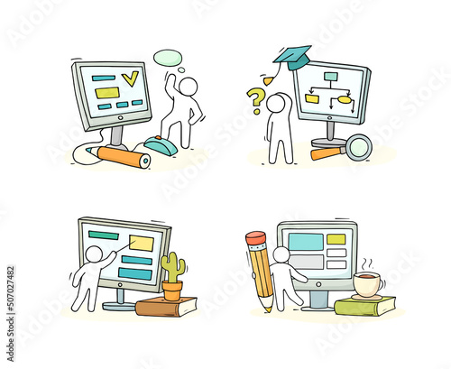 Icons set - computer class with studing little man