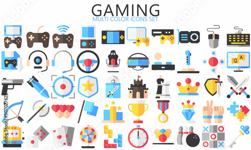 Simple Set of Games multi color Icons. Contains such Icons as Joystick, Console, Virtual Reality and more. Used for web, UI, UX kit and applications. vector eps 10 ready convert to SVG.