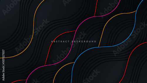 Black abstract wavy background with colorful light decoration