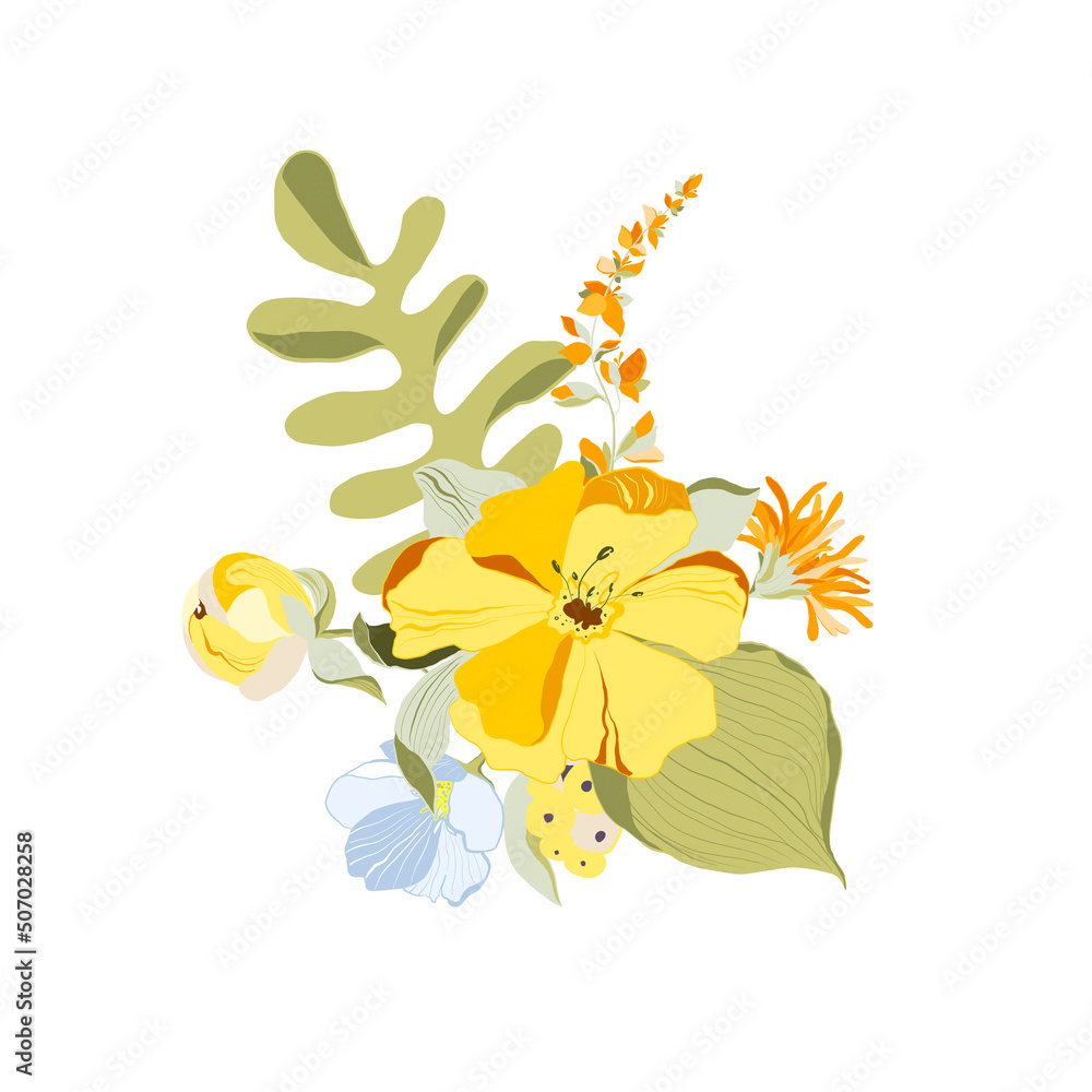 Digital floral bouquet of greenery, flowers. Hand painted set of green leaf, summer blossom, abstarct fruit isolated on white background. Botanical illustration for design, print, wedding card