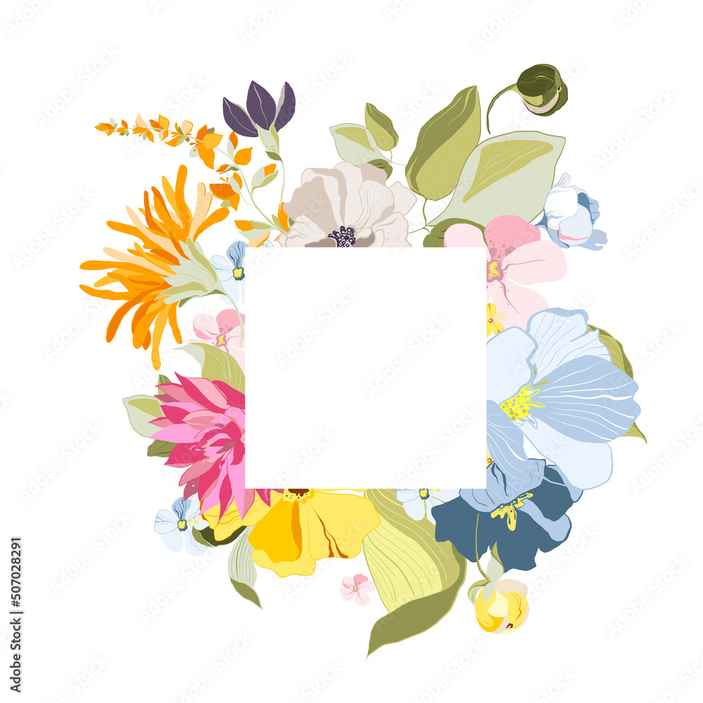 Digital floral frame of greenery, flowers. Hand painted wreath of green leaf, pastel blossom, abstarct fruit isolated on white background. Botanical illustration for design, print, wedding card Digital floral frame of greenery, flowers. Hand painted wreath of green leaf, pastel blossom, abstarct fruit isolated on white background. Botanical illustration for design, print, wedding card