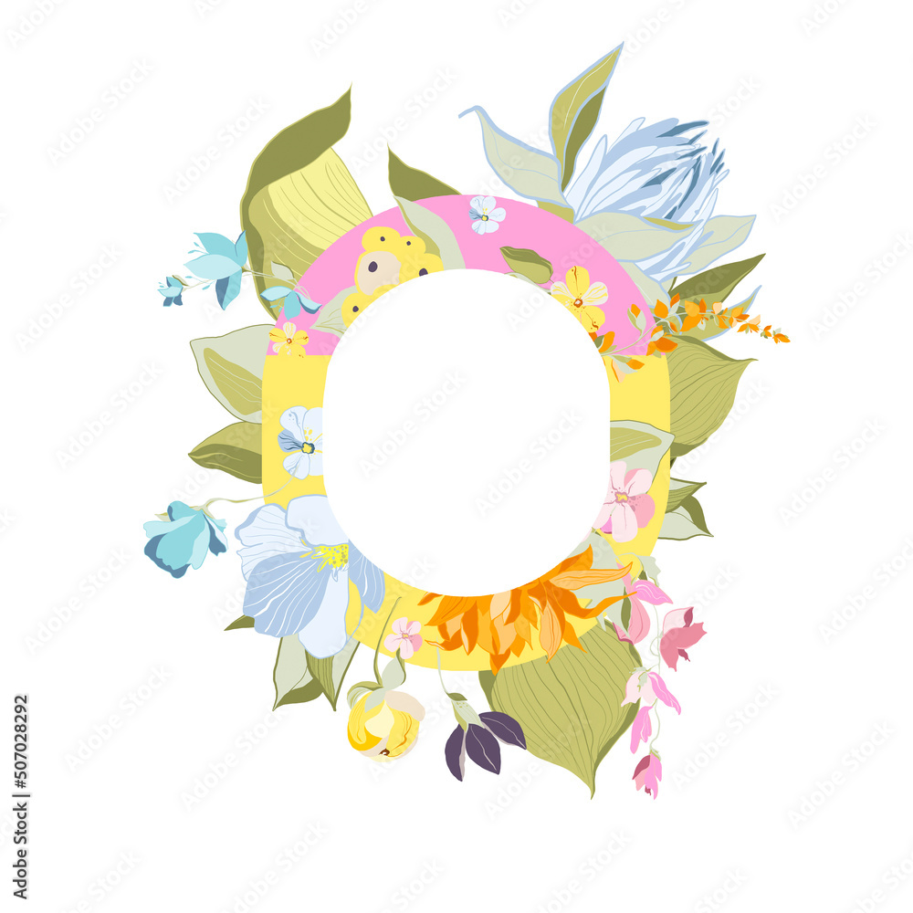 Digital floral frame of greenery, flowers. Hand painted wreath of green leaf, pastel blossom, abstarct fruit isolated on white background. Botanical illustration for design, print, wedding card