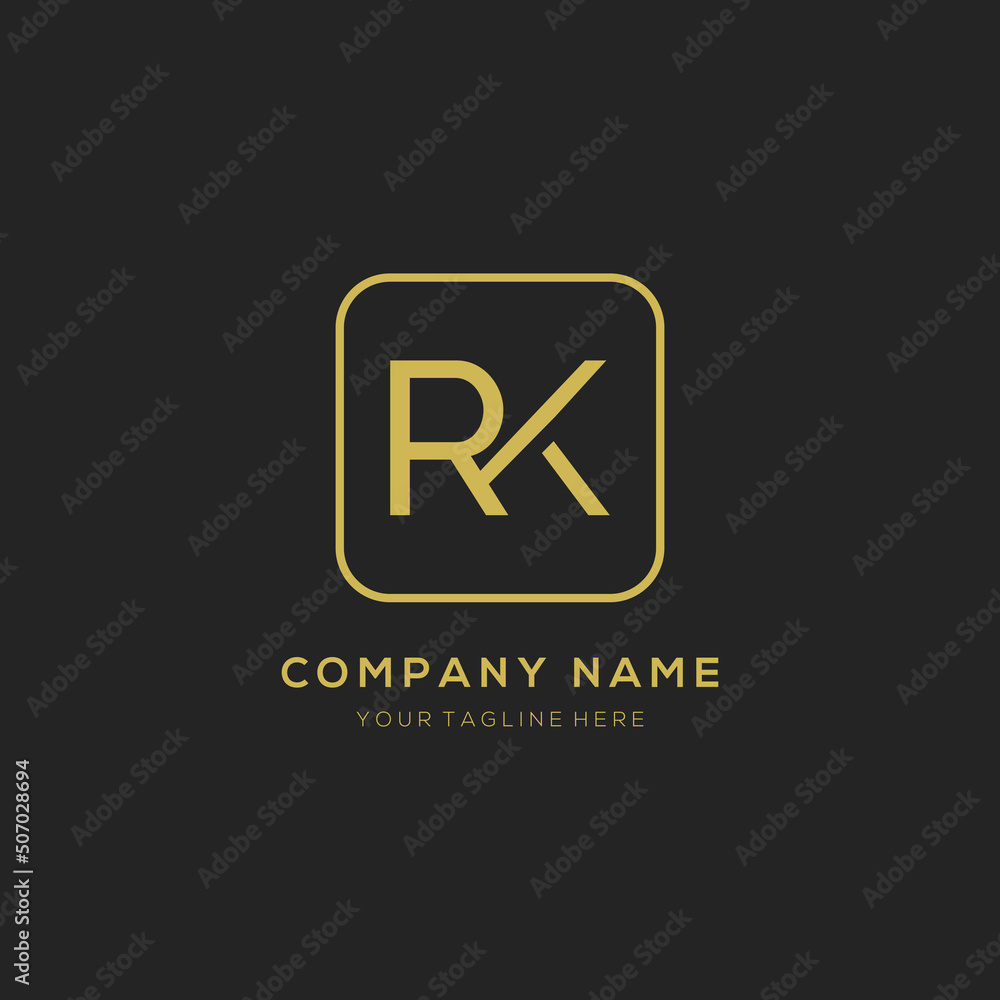 Initial letter RK logo design vector dark concept with golden square element. RK letter logo design. Initial letter RK logo design vector dark concept with golden square element. RK letter logo design.