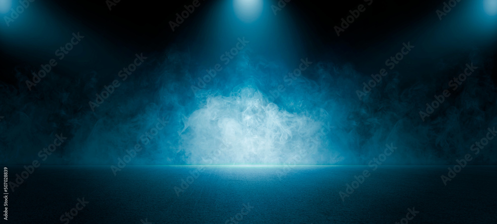 The dark stage shows, empty dark blue scene background, neon light, and spotlights The asphalt floor and studio room with smoke float up the interior texture for display products. - obrazy, fototapety, plakaty 