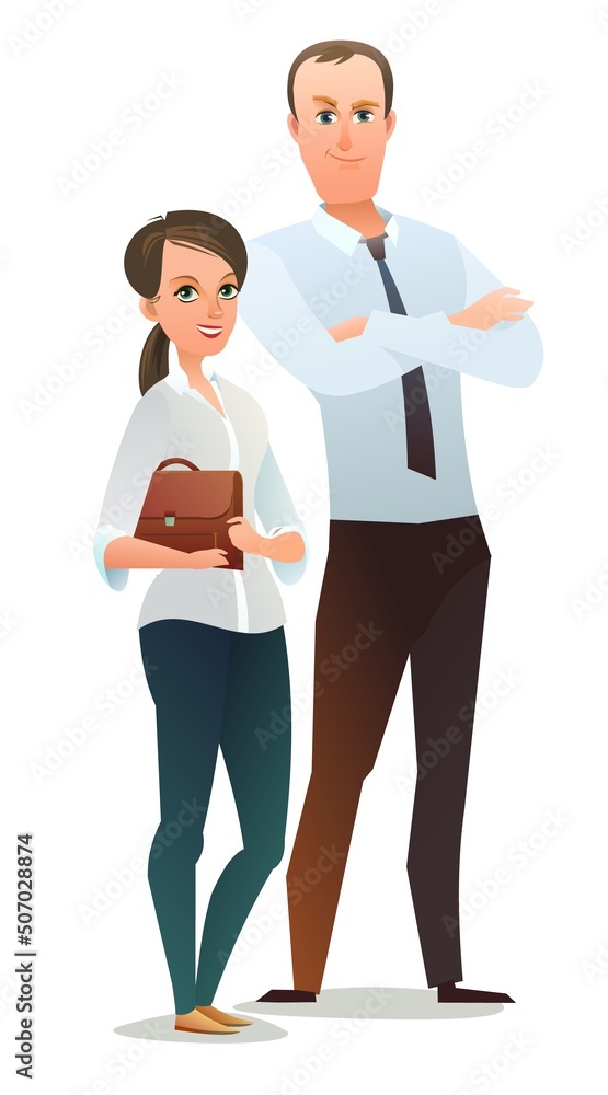Family of Successful businessman. Cheerful persons in standing pose. Man and women in business shirt and tie. Cartoon comic style flat design. Illustration isolated on white background. Vector