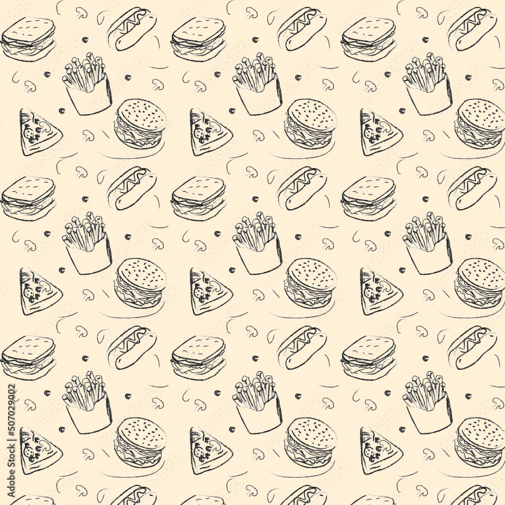 fast food pattern . hand-drawn hamburgers, French fries, hot dogs and a plastic cup of drink.vector illustration fast food pattern . hand-drawn hamburgers, French fries, hot dogs and a plastic cup of drink.vector illustration