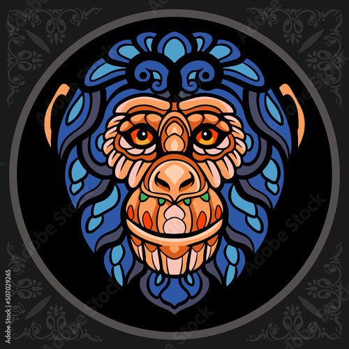 Colorful ape head zentangle arts. isolated on black background.