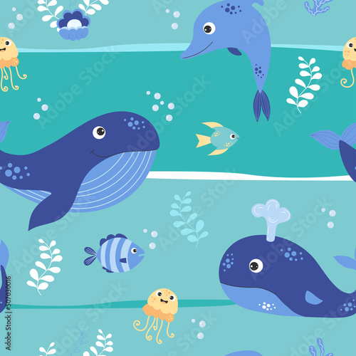 Seamless marine pattern with blue whales and dolphins, fish, jellyfish on an emerald background with algae and pearls. Vector illustration with sea animals for design, decor, wallpaper, packaging.