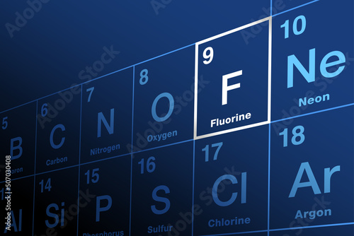 Fluorine on periodic table of the elements. Halogen and chemical element with symbol F and atomic number 9. Most electronegative element and extremely reactive. Topical fluoride reduces dental caries. photo