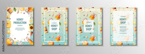 Honey products flyer set. Honey shop, honey bank, honeycombs. Template, cover, poster in a4 size for business