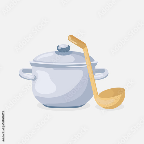 gray pot with soup and wooden ladle