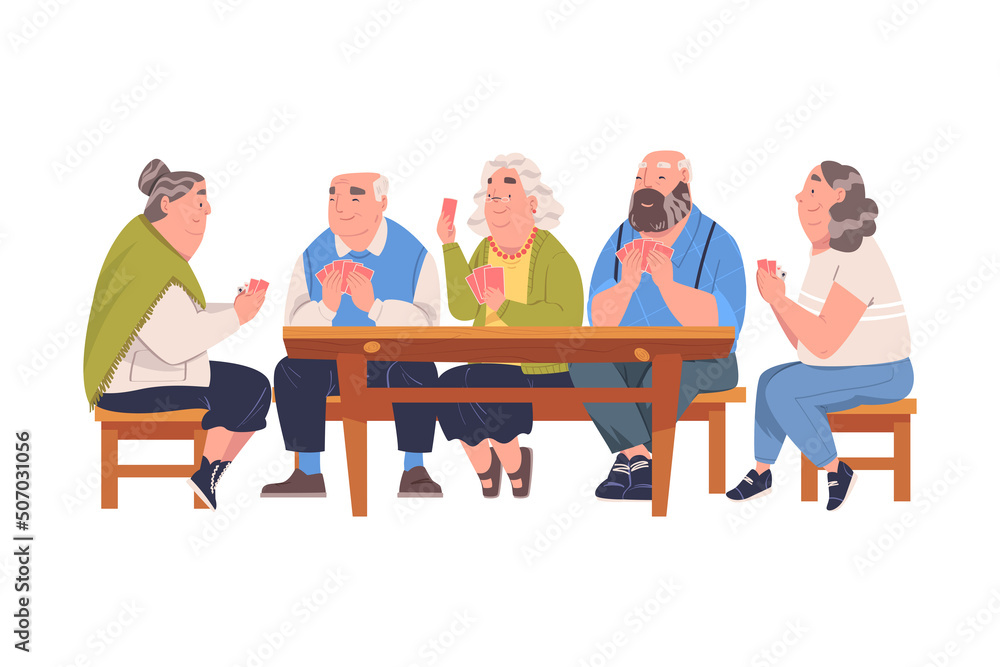 Senior Friends Playing Cards Game Sitting on Chair at Table Vector Illustration