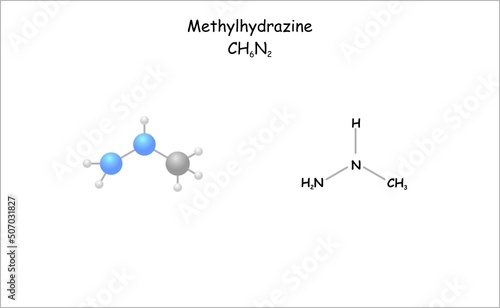 Stylized molecule model/structural formula of methylhydrazine. Toxin is related to the false morel (Gyromitra esculenta)