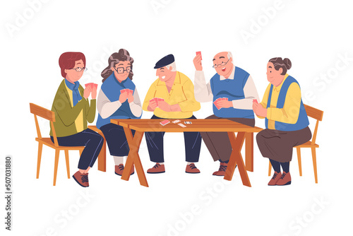 Senior Friends Playing Cards Game Sitting on Chair at Table Vector Illustration