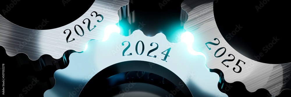 2023, 2024, 2025 - gears concept - 3D illustration - obrazy, fototapety, plakaty 