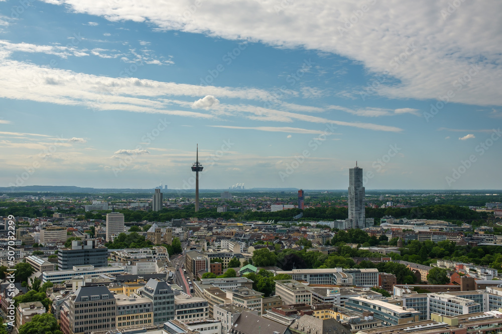 Panoramic view of Cologne and the stunning and tall telecommunications  tower Colonius in the background