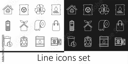 Set line Radioactive waste in barrel, Shopping bag, Battery with recycle, Eco friendly house, charge level indicator, House recycling, Toilet paper roll and icon. Vector