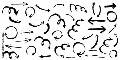 Brush stroke arrows set. Up and down direction pointer. Hand drawn abstract vector illustration isolated on white background. 