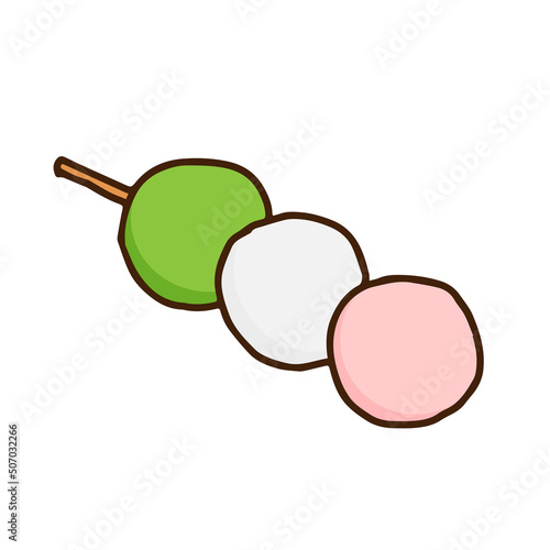 One of the traditional Japanese skewered dumplings, "san-shoku-dango".