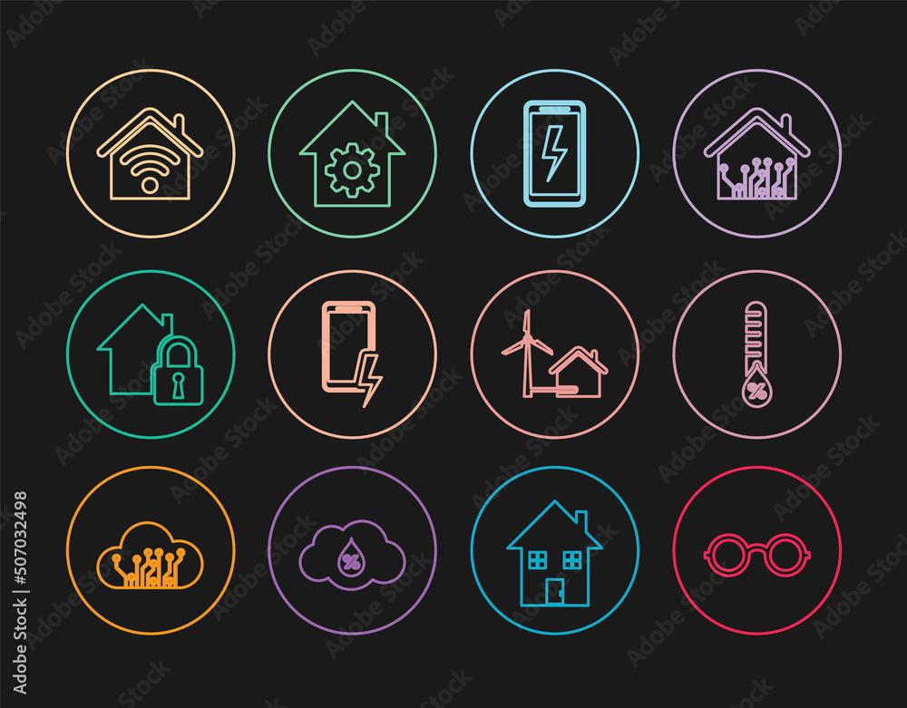 Set line Glasses, Humidity, Mobile charging battery, House under protection, Smart home with wi-fi, wind turbine and settings icon. Vector