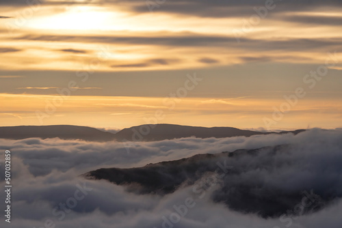 Snowdonia Rhinogydd mountain weather with cloud inversion at sunrise © UAV4