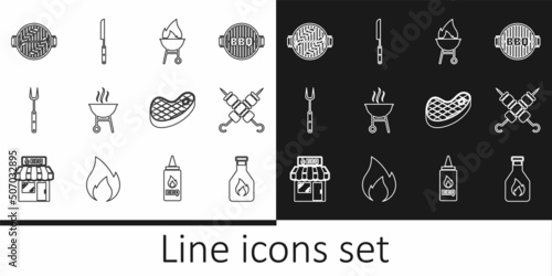 Set line Ketchup bottle, Grilled shish kebab, Barbecue grill, fork, with sausage, Steak meat and knife icon. Vector