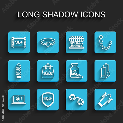Set line Laptop with 18 plus content, Shield, Play Video, Sexy fluffy handcuffs, Dildo vibrator for sex games, Shopping bag triple X, Penis pump and Bottle pills potency icon. Vector