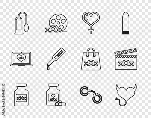 Set line Bottle with pills for potency, Devil heart horns, Female gender and, Penis pump, Spanking paddle, Sexy fluffy handcuffs and Movie clapper icon. Vector