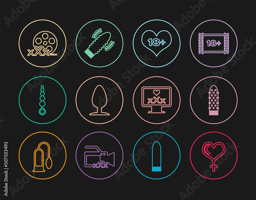 Set line Female gender and heart, Dildo vibrator, 18 plus content, Anal plug, beads, Film reel with Sex, Monitor and for sex games icon. Vector