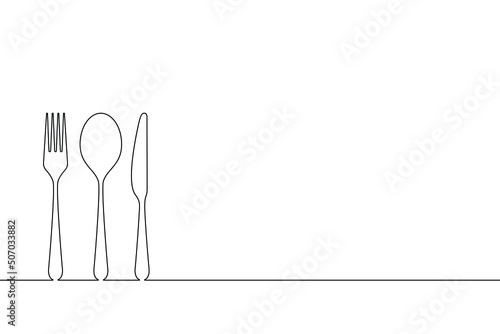 Restaurant symbol with place for text. Spoon, fork and knife sign on line isolated on white background. Cutlery icon. Vector illustration