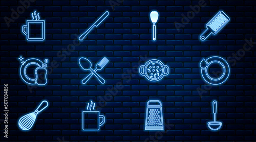 Set line Kitchen ladle, Washing dishes, whisk, Crossed fork and spoon, Coffee cup, Cooking soup pot and Knife icon. Vector