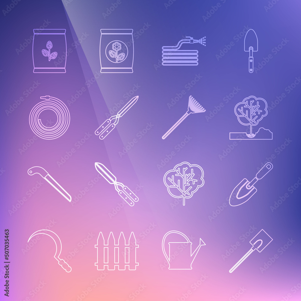 Set line Garden shovel, trowel spade or, Planting tree in the ground, hose fire hose, Gardening handmade scissor, Fertilizer bag and rake for leaves icon. Vector Set line Garden shovel, trowel spade or, Planting tree in the ground, hose fire hose, Gardening handmade scissor, Fertilizer bag and rake for leaves icon. Vector