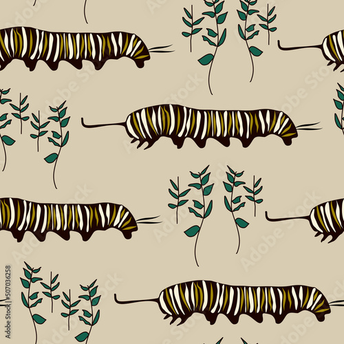 cute abstract colorful seamless vector pattern background illustration with caterpillar and leaves