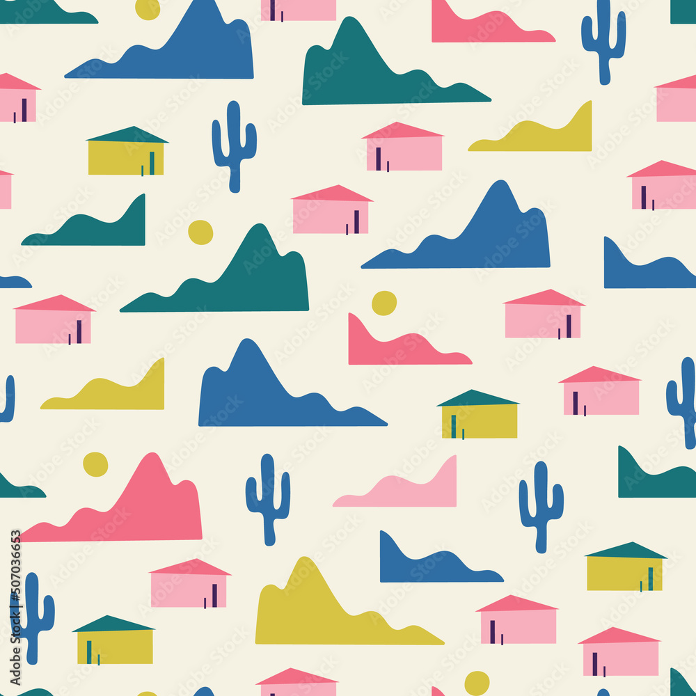 Tropical Palm Springs vector seamless pattern design, Los Angeles California. Including cute mountains, cacti and houses. Perfect for west coast projects and summer vibes. Matching patterns available. Tropical Palm Springs vector seamless pattern design, Los Angeles California. Including cute mountains, cacti and houses. Perfect for west coast projects and summer vibes. Matching patterns available.