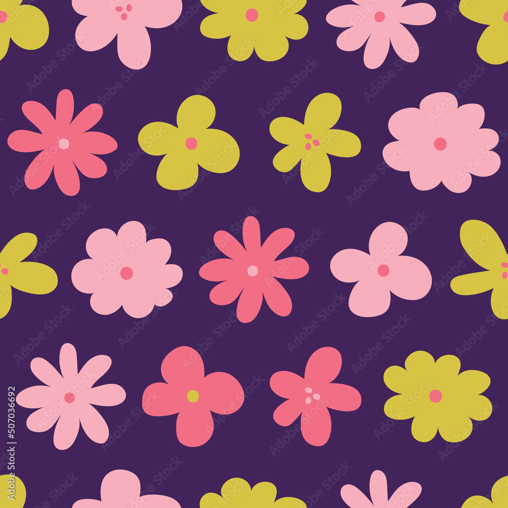 Purple abstract floral seamless pattern design. Cute isolated flowers in pink and yellow tones. Perfect for botanical and floral projects. Matching patterns available. Purple abstract floral seamless pattern design. Cute isolated flowers in pink and yellow tones. Perfect for botanical and floral projects. Matching patterns available.