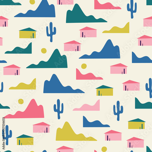 Tropical Palm Springs vector seamless pattern design, Los Angeles California. Including cute mountains, cacti and houses. Perfect for west coast projects and summer vibes. Matching patterns available.