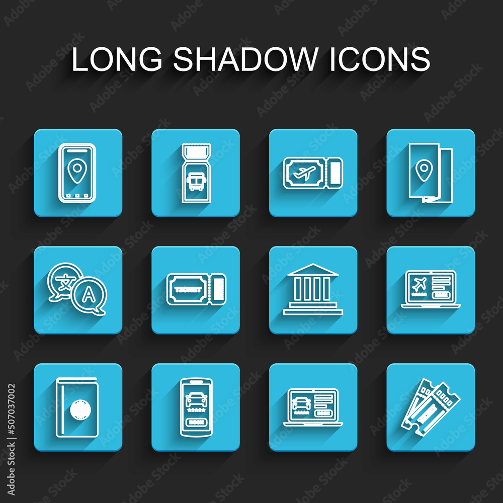 Set line Cover book travel guide, Online car sharing, Infographic of city map, Ticket, Laptop with ticket and Museum building icon. Vector Set line Cover book travel guide, Online car sharing, Infographic of city map, Ticket, Laptop with ticket and Museum building icon. Vector