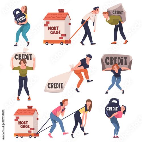 Severity of Mortgage with People Carrying and Pulling Heavy Burden of Credit Vector Set
