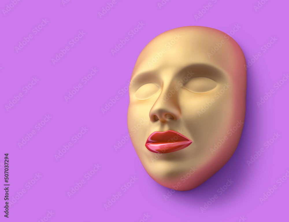 Abstract golden human face with red glossy lips on purple background Abstract golden human face with red glossy lips on purple background