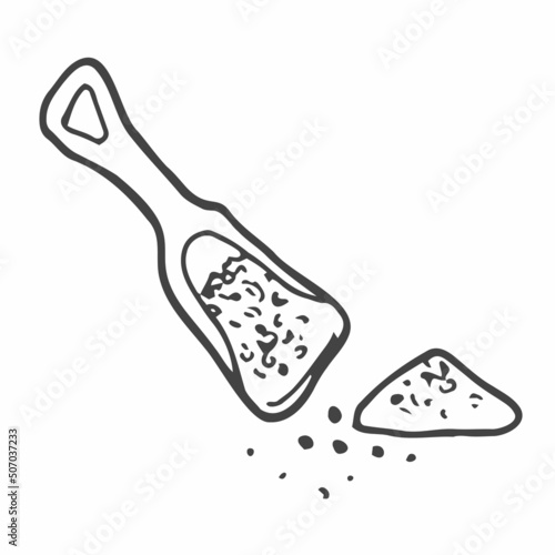 Wooden spoon of sea salt. Piles of seeds. Spice in natural packaging. Flavoring or saline. Vintage background banner.
