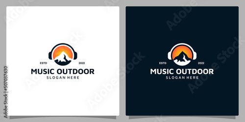 Logo design template Music. Logo headphone with mountain and sun vector design. Premium vector
