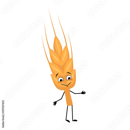 Cute ear of wheat character with joyful emotions, happy face, smile eyes, arms and legs. Healthy cereal with funny expression and posture, vitamin rich food. Vector flat illustration