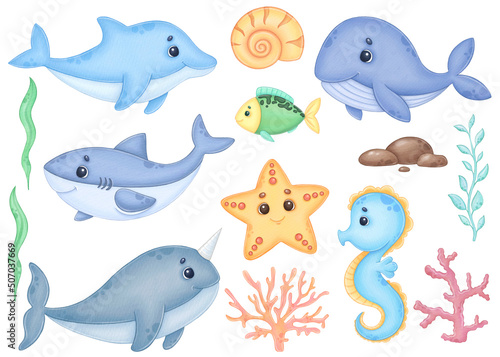 Sea animals watercolor clipart