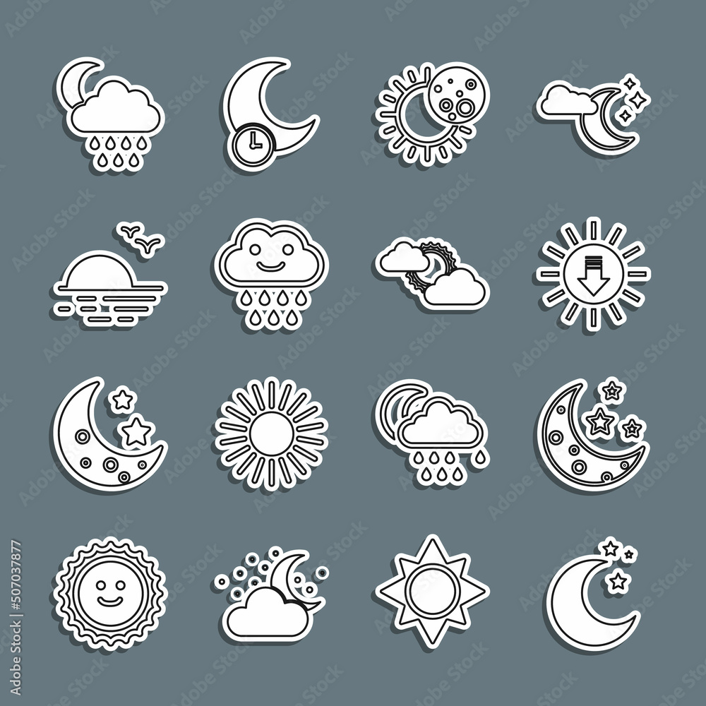 Set line Moon and stars, Sunset, Eclipse of the sun, Cloud with rain, moon and cloud weather icon. Vector