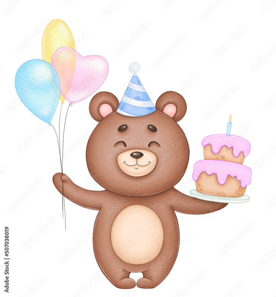 Joyful teddy bear with balloons and cake, holiday illustration