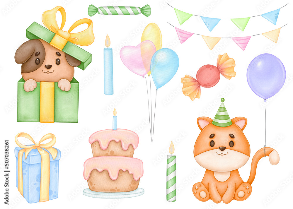 Fototapeta premium Birthday cute animals clipart