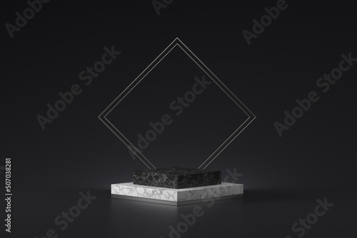 Stand made of marble steps of a pedestal on a black background. 3d render illustration for business ideas.